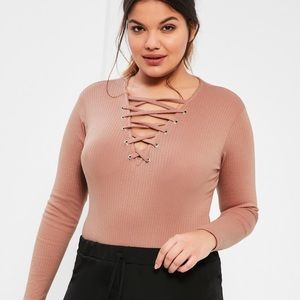 Plus Size Exclusive Pink Ribbed Lace Up Bodysuit